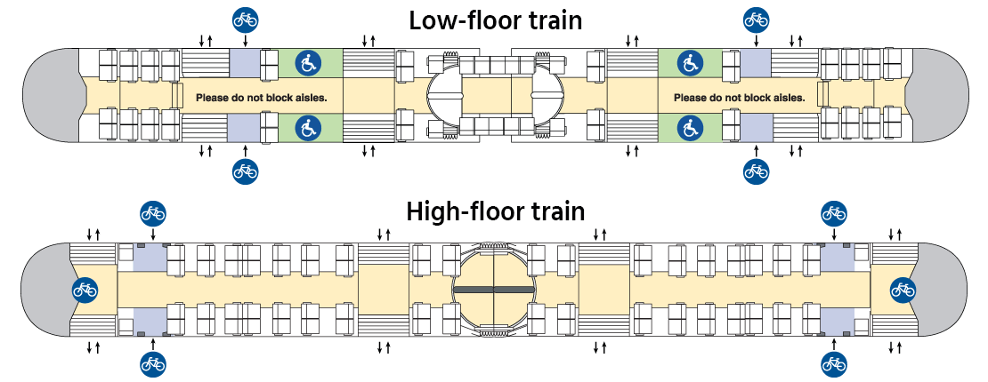 Schematics of MAX trains with bike storage areas